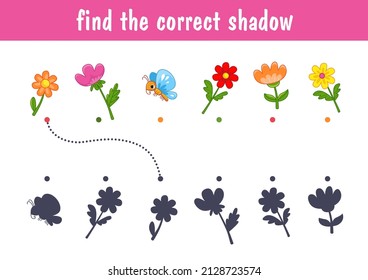 Kleine süße bunter Blumen, Gänseblümchen, Tulpe und Schmetterling. Finden Sie den richtigen Schatten. Erziehungsspiel für Kinder. Cartoon, Vektorgrafik.