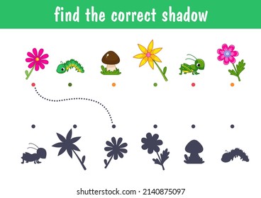 Small cute colorful flowers, daisies, tulip and grasshopper. Find the correct shadow. Educational game for children. Cartoon vector illustration.