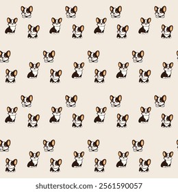 Small Cute Corgi Dog Cartoon Character Seamless Pattern Background. Adorable Domestic Pet Puppy Animal Textile Childish Print. Baby Gift Wrapping Paper Decoration Design. Kawaii Dog Portrait. 