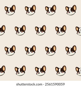 Small Cute Corgi Dog Cartoon Character Seamless Pattern Background. Adorable Domestic Pet Puppy Animal Textile Childish Print. Baby Gift Wrapping Paper Decoration Design. Kawaii Dog Portrait. 