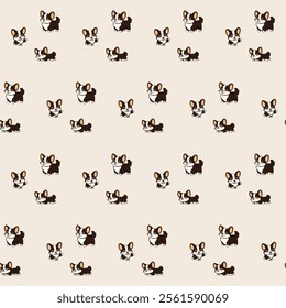 Small Cute Corgi Dog Cartoon Character Seamless Pattern Background. Adorable Domestic Pet Puppy Animal Textile Childish Print. Baby Gift Wrapping Paper Decoration Design. Kawaii Dog Portrait. 