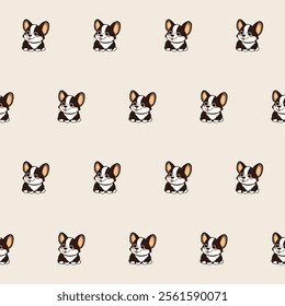 Small Cute Corgi Dog Cartoon Character Seamless Pattern Background. Adorable Domestic Pet Puppy Animal Textile Childish Print. Baby Gift Wrapping Paper Decoration Design. Kawaii Dog Portrait. 