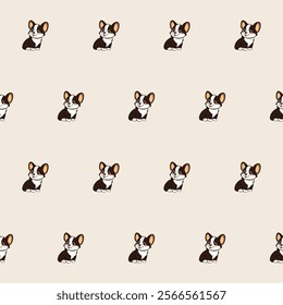 Small Cute Corgi Dog Cartoon Character Seamless Pattern Background. Adorable Domestic Pet Puppy Animal Textile Childish Print. Baby Gift Wrapping Paper Decoration Design. Kawaii Dog Portrait. 