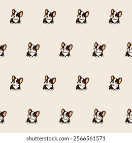 Small Cute Corgi Dog Cartoon Character Seamless Pattern Background. Adorable Domestic Pet Puppy Animal Textile Childish Print. Baby Gift Wrapping Paper Decoration Design. Kawaii Dog Portrait. 