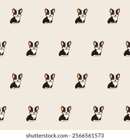 Small Cute Corgi Dog Cartoon Character Seamless Pattern Background. Adorable Domestic Pet Puppy Animal Textile Childish Print. Baby Gift Wrapping Paper Decoration Design. Kawaii Dog Portrait. 