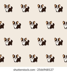 Small Cute Corgi Dog Cartoon Character Seamless Pattern Background. Adorable Domestic Pet Puppy Animal Textile Childish Print. Baby Gift Wrapping Paper Decoration Design. Kawaii Dog Portrait. 