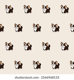 Small Cute Corgi Dog Cartoon Character Seamless Pattern Background. Adorable Domestic Pet Puppy Animal Textile Childish Print. Baby Gift Wrapping Paper Decoration Design. Kawaii Dog Portrait. 