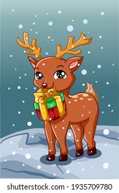 A small and cute deer carrying Christmas gift in the winter