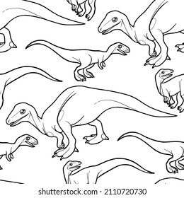 Small cute dinosaurs isolated on a white background. Prehistoric world of dinosaurs. Vector repeated seamless pattern. Line graphics for coloring books