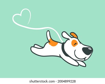 pequeño perro lindo corriendo y saltando con correa en una línea de forma cardíaca. ilustración dibujada a mano para logotipos, servicios para caminar mascotas, cuidado de animales felices