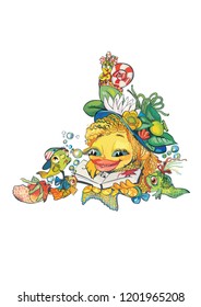 Small cute fish is reading to the other fishes stories.