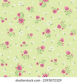 small cute flower seamless pattern on green background