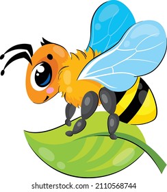 a small cute and fluffy bee sits on a leaf and smiles