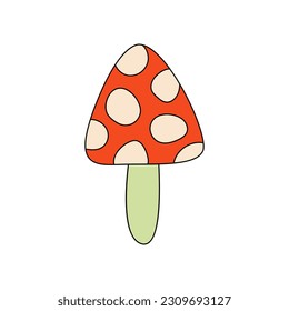 Small cute fly agaric mushroom on isolated background. Vector flat illustration in groovy style. Hippie nostalgic aesthetic. Funny and cute fungus illustration