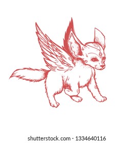 The small cute fox with angel wings. Running little creature. Illustration with motion fox. 