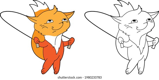 Small cute fox jumping rope. Illustration with pretty animal on white background. Picture can be used for coloring books for children