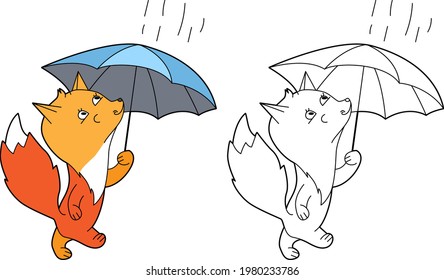 Pequeño zorro lindo caminando con paraguas. Ilustración con un bonito animal de fondo blanco. Las imágenes se pueden utilizar para colorear libros para niños