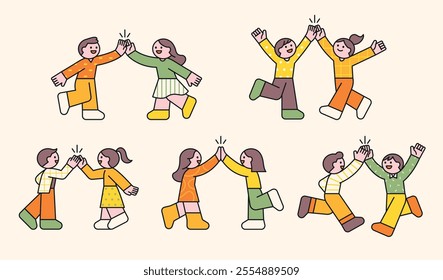 Small and cute friends are cheering each other on with high fives. outline simple vector illustration.