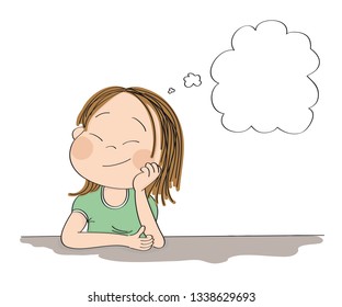 Small cute girl daydreaming, imagining something. Original hand drawn illustration with copy space for your text.