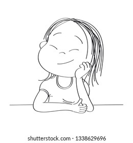 Small cute girl daydreaming, imagining something- original hand drawn illustration