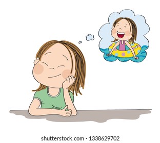 Small cute girl daydreaming, imagining herself in the summer, swimming in the pool, smiling happily. Original hand drawn illustration.