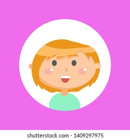 Small cute girl with glowing cheeks vector, kid isolated on pink. Smiling person portrait closeup, child with smile on face showing joyful emotions