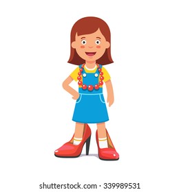 Small cute girl wearing mothers high heel pump shoes and red beads pretending she's a grown up lady. Flat style vector illustration isolated on white background.