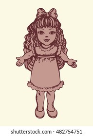 Small cute girlie isolated on white backdrop. Freehand ink drawn picture sketchy in art retro engraving style. Closeup view with space for text