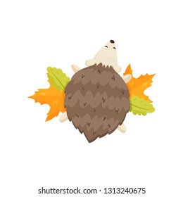 Small, cute hedgehog with closed eyes lies on the yellow leaves. Top view close-up on white background
