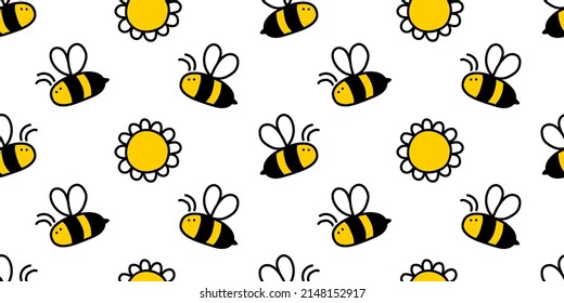 Small cute honey bee and flower hand drawn seamless background, vector drawing