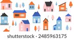 Small cute house seamless pattern. Cute cartoon village town repeated texture. Doodle cozy tiny little cottages background. Repeating suburban town houses and trees wallpaper. Vector illustration