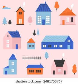 Small cute house seamless pattern. Cartoon village town repeated texture. Doodle cosy tiny little cottages background. Repeating suburban town houses and trees wallpaper. Vector illustration