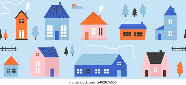 Pequeño lindo patrón sin fisuras de la casa. Cartoon village town repitió textura. Doodle acogedor pequeño fondo de cabañas pequeñas. Repitiendo el Fondo de pantalla de las casas de pueblo suburbanas y de los árboles. Ilustración vectorial