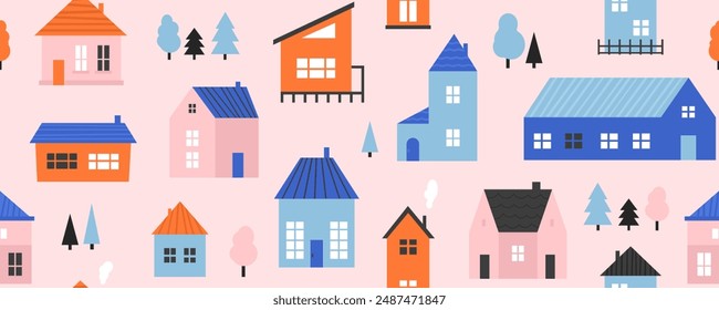 Small cute house seamless pattern. Cute cartoon village town repeated texture. Doodle cozy tiny cottages background. Repeating little suburban town houses and trees wallpaper. Vector illustration