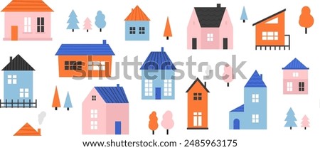 Small cute house seamless pattern. Cute cartoon village town repeated texture. Doodle cozy tiny little cottages background. Repeating suburban town houses and trees wallpaper. Vector illustration