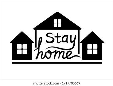 Small cute houses with windows and lettering - stay at home - black and white vector image. Hand drawing. Three houses and an inscription - stay home.