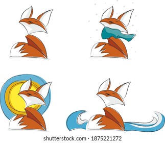 Kleiner und süßer bebilderter Fuchs. Fox aus Vektorgrafik mit hellen Farben. Fuchs unterging mit Schnee, Sonne und Meer.