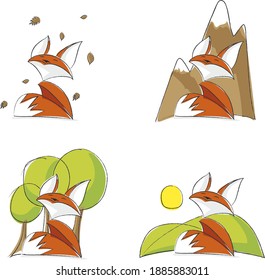 Small and cute illustrated fox. Fox made in vector with bright colors.
Fox set with leaves, trees, mountains and hills.