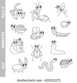 Small cute insects set in vector, the colorless version.