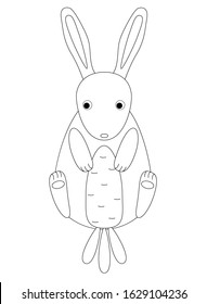 A small, cute, kawaii rabbit eats a big carrot. Hare and carrot - a linear drawing for coloring. Vector Easter Bunny - hand drawing. Outline. Hawaiian animal for coloring.