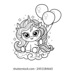 Small, cute kawaii unicorn pony holding balloons. Black and white linear drawing. For children's design of coloring books, birthday greetings, prints, posters, stickers, cards, etc. Vector