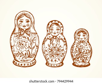 Small cute kid hohloma Matrioshka design on white backdrop. Outline red ink hand drawn Matreshka picture sign sketchy in art archaic scribble style pen on paper. Closeup front view with space for text