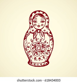 Small cute kid Matriosha design isolated on white backdrop. Freehand outline red ink hand drawn picture sign sketchy in art archaic scribble style pen on paper. Closeup front view with space for text