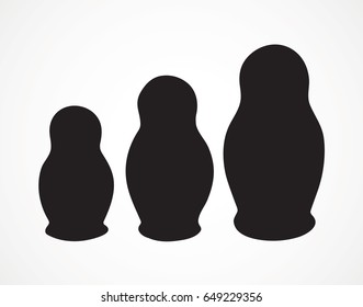 Small cute kid Matriosha isolated on white backdrop. Dark ink hand drawn picture  in art print style. Closeup front view with space for text