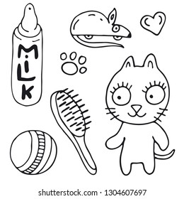 A small, cute kitten. Favorite pet and its accessories: milk, mouse, ball, comb. Doodles, cartoon cat, hand-drawn. Vector illustration. Transparent background. Black outline.