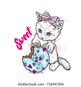 A small cute kitten holds a large multi-colored donut. Vector illustration. A pet. Cat.