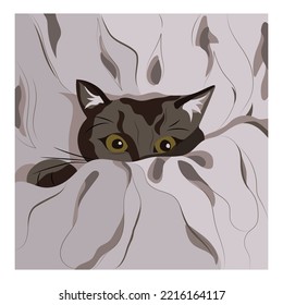Small cute kitty in bed. Black cat vector illustration. Good for postcard, t-shirt, puzzle, avatar, poster. Adorable cartoon kitten pet animal.
