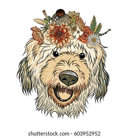 Small, cute Labradoodle puppy girl wearing exotic floral wreath. Friendly doggy portrait with flowers. Vector illustration. svg