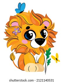 
A small cute lion with a fluffy shaggy mane is sitting. Children's illustration