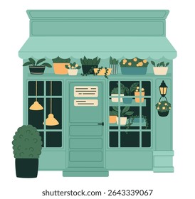 Small cute local flower shop. Small family business. Flat vector illustration.